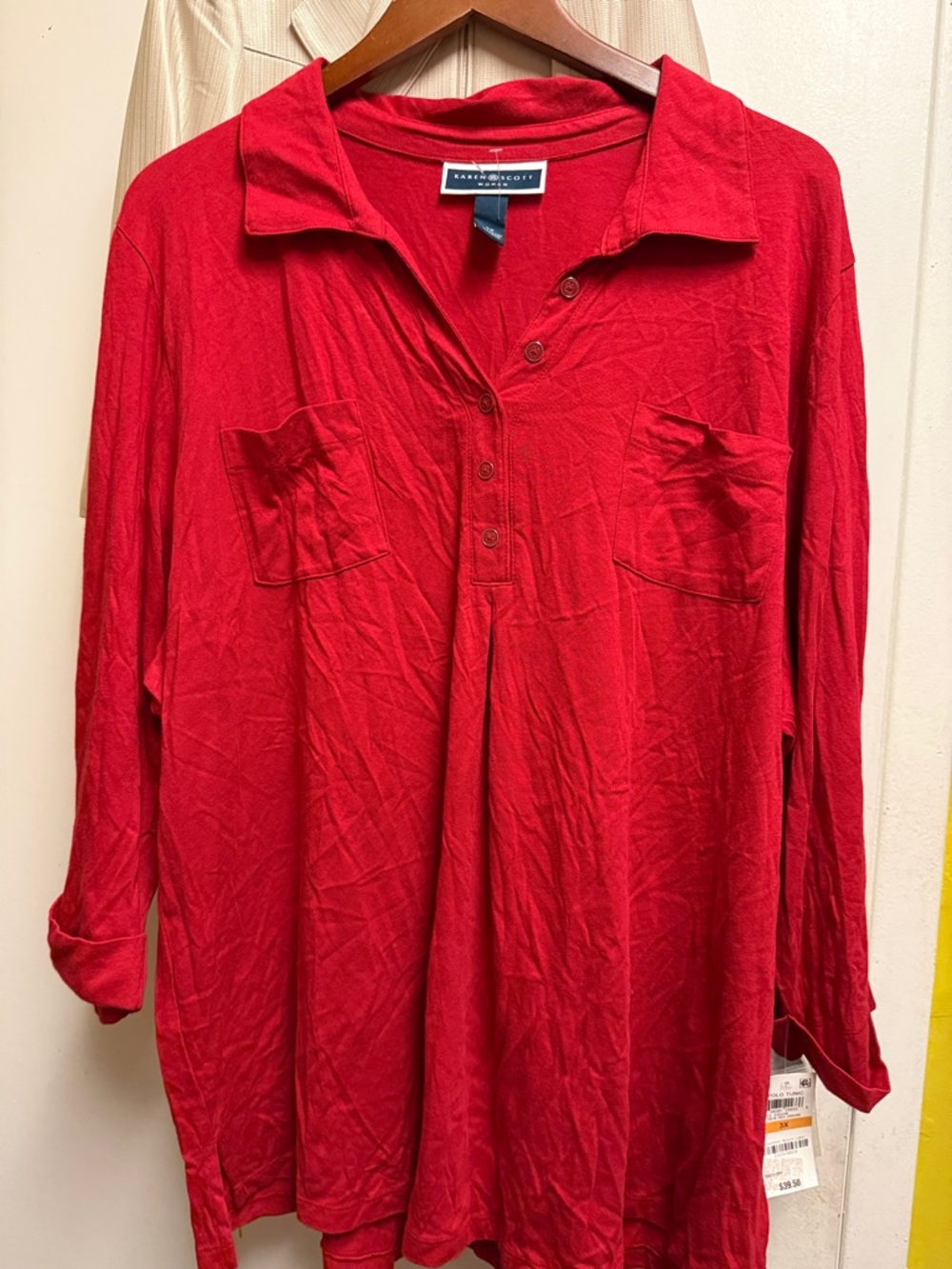Karen Scott Bright Red Long Sleeve Polo Shirt with Chest Pockets
